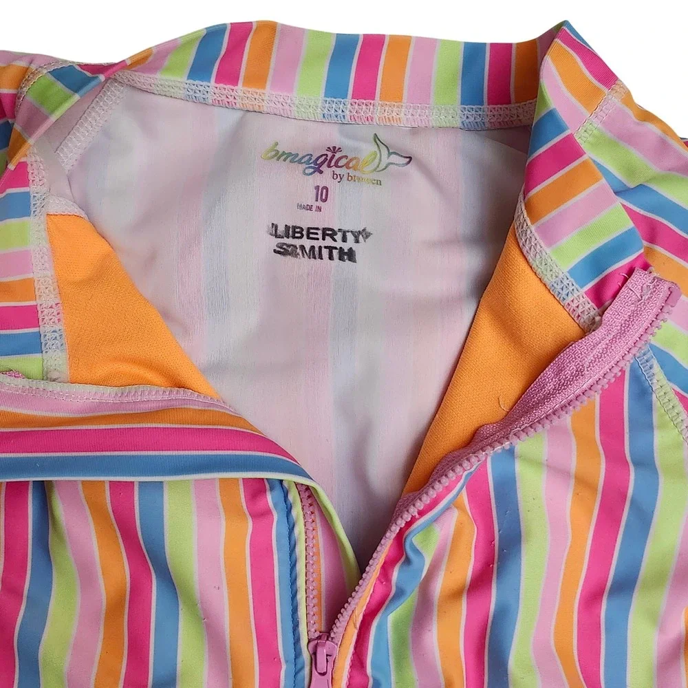 Bmagical by Btween Girls Multicolor Striped Long Sleeve One Piece Swimsuit Sz 10